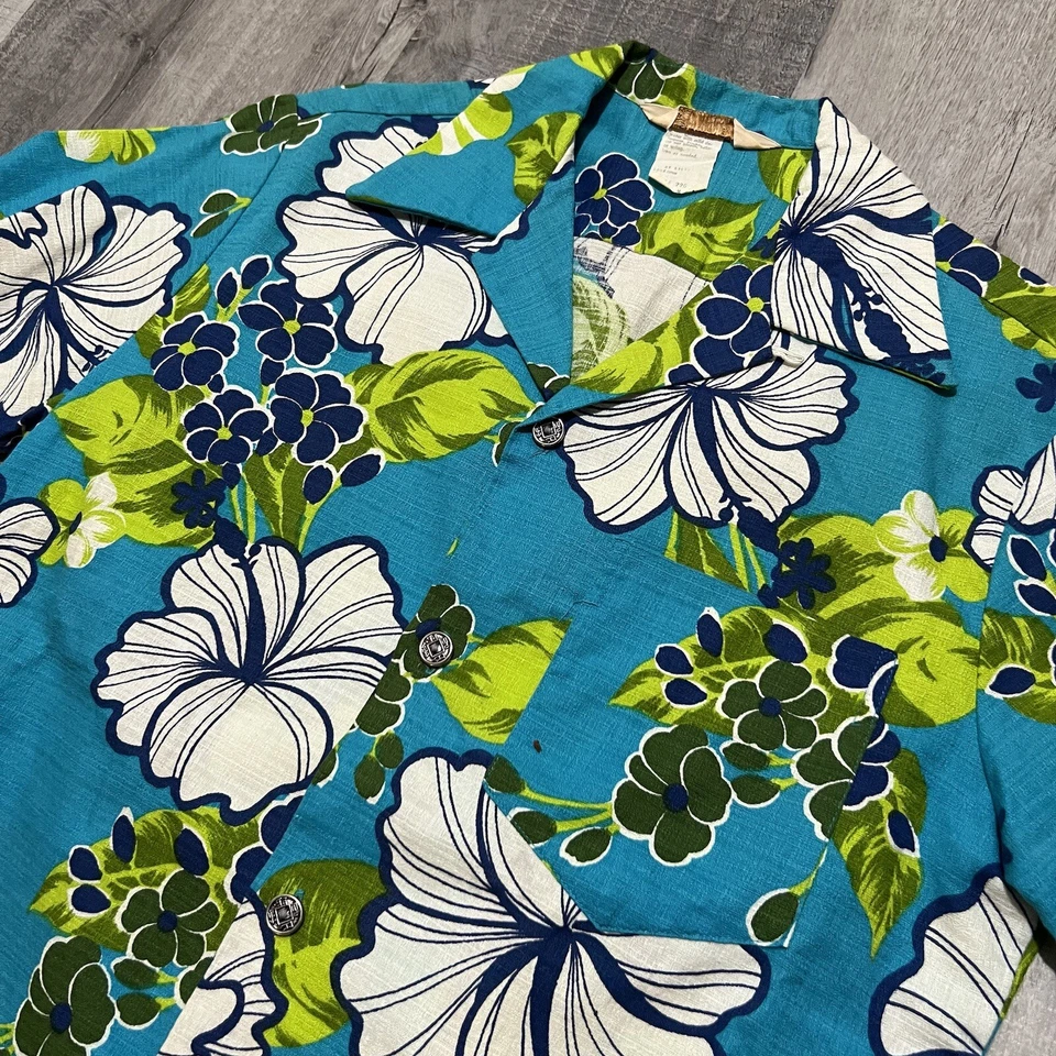 Camisa De Colección Años 60 Real Hawaiana Tapa Tela De Corteza Floral Moneda Botón Cuello Lazo M Foto 3 de 4