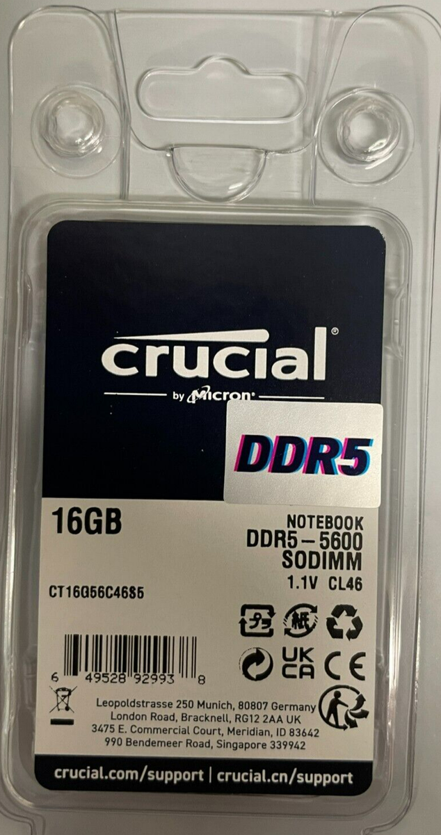 Crucial - CT16G56C46S5 - 16GB 262-Pin DDR5 SODIMM 5600 PC5-44800