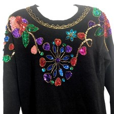 Vintage 1980s Jeweled Holiday Sweater Womens Small Black Beads Sequins Floral