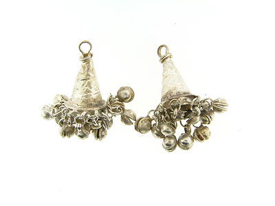Vintage India Silver M Haskell Embossed Cylinder Multi Chime Bell Pendant Drops