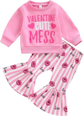 Toddler BabyGirl Valentine Day Bell Bottom Outfit Clothing/Letter Heart LS 6-12M