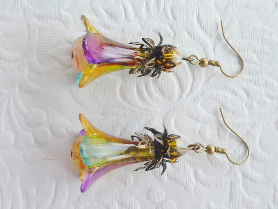 Colorful Lily Flower Crystal Earrings Hand Painted Unique Gift for Mum Style LE4 - image 3 of 4