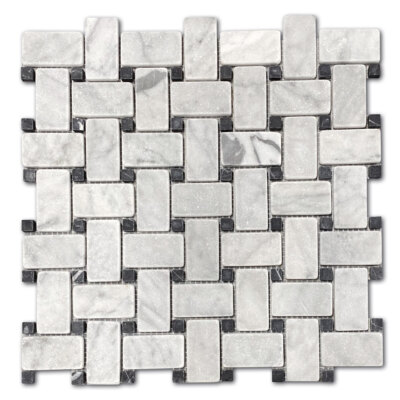C651XT NonSlip Carrara Venato Marble Basketweave Mosaic Tile Black Dot Tumble