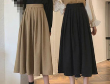 High Waist Pleated Skirt Women Long Skirt Ladies Autumn Casual A Line Skirts