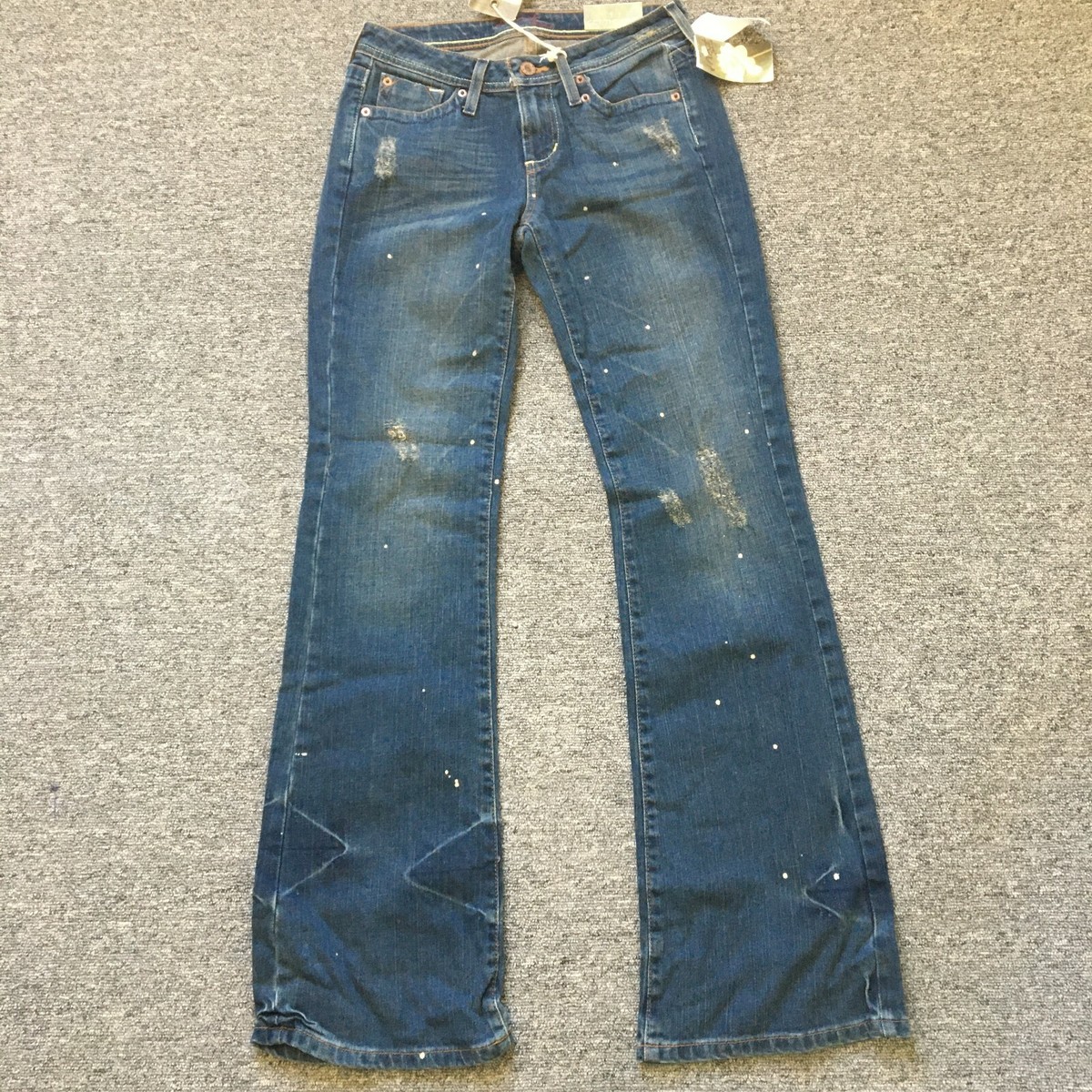 Hint Jeans Womens Junior Blue Denim Flare Leg Low Rise Paint Drip  DIstressed