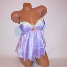 Victoria Secret Lingerie Babydoll Small Purple Yellow Lace Trim Tease Sheer Back