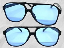 Mens or Women Classic Vintage Retro Style SUNGLASSES Large Black Frame Blue Lens