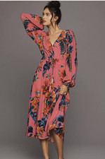 Farm Rio V Neck Long Sleeve Floral Midi Dress NWT Sz S