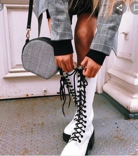 Botas de Plataforma Jeffrey Campbell para Mujer Plasma Alto Cuero Blanco con Cordones Talla 9 - Imagen 3 de 12