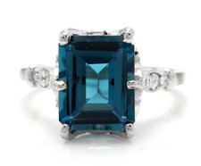 3.78 Carats Natural LONDON BLUE TOPAZ and Diamond 14K White Gold Ring