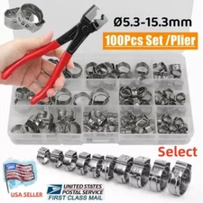 100PCS Hose Clamp/Plier Assorted Stainless Steel Ear Cinch Rings Crimp Pinch Set