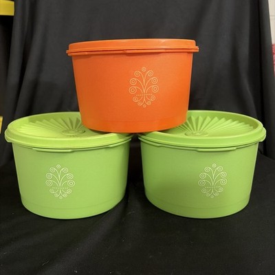 Tupperware Set 3 Servalier Container & Lid USA Vtg 3.5 2 Green & 1 Orange