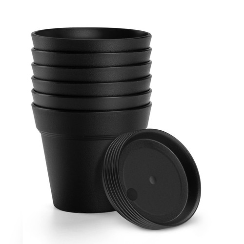 6 Pack Plastic Plant Pots with Drainage Holes and Tray, 4 inch Thickened Indo...