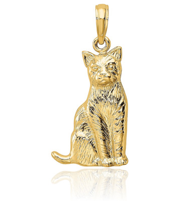 10K massives Gelbgold Medium Katze Anhänger Halskette 25,3 mm 1 Zoll poliert