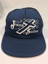 VTG Jesus Saves Hat Blue Snap Back Baseball Cap 90s Christianity God Bible VGC