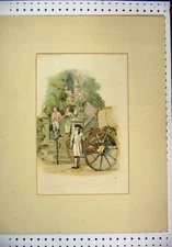 Original Old Antique Print Hand Coloured Coach Men Steps Woman Romance