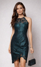 Lipsy Green Lace Bodycon Dress 16 Party Occasion Wedding Glitter Halter neck