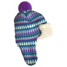 Girls Blue  Purple Nordic Print Trapper Hat Plush Lined 4-6X
