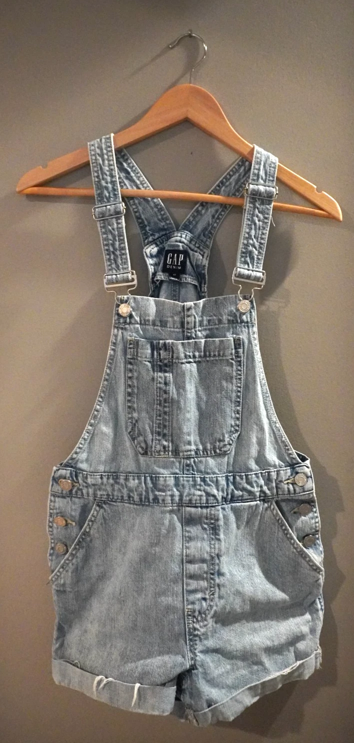 VINTAGE Gap Denim Women's Distressed Light Wash Bib Overalls Shortalls XS