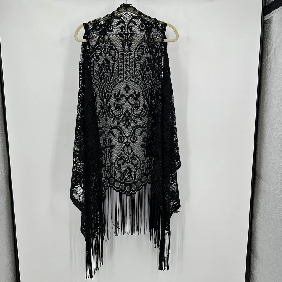 女士 OS 黑色花边条纹和服开衫 Whimsigoth 波西米亚节日透明掸子 — 第 2/4 张图片