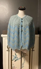 1950’s Vintage Crochet Chevron Knit Cape Shawl Blue And Green