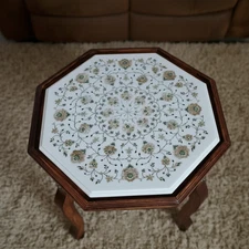 White Marble Coffee Table with Mother of Pearl Inlay – Handmade Stone Art Decor