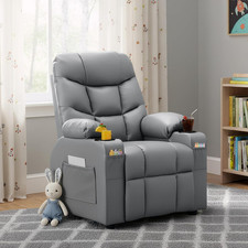 Kids Reclining Chair, PU Leather, Push Back Lounge, w/ Cup Holders