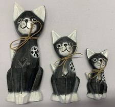Set of 3 Hand Carved Painted Wooden Cat Fiqurines Feline Ornament Black & White