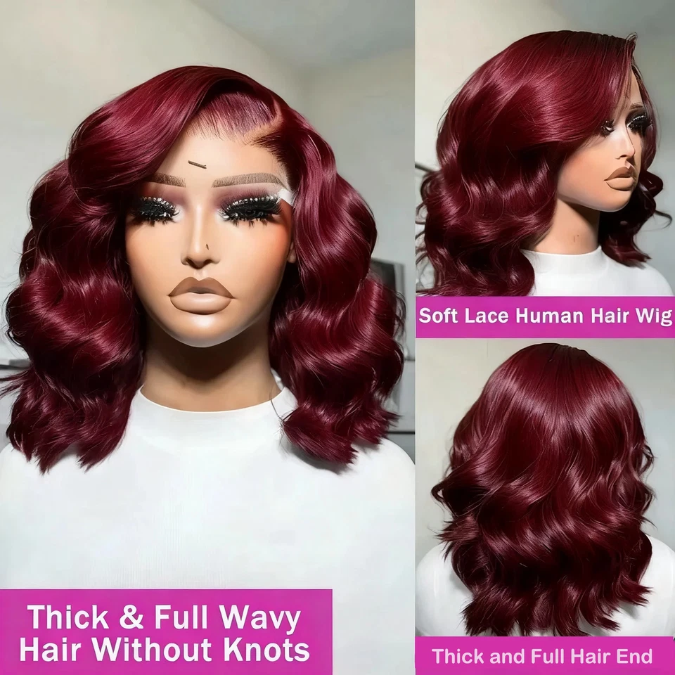 Brazilian Burgundy 99J Body Wave Short Bob Wigs 13x4 Lace Front Human Hair Wigs - Изображение 2 из 4