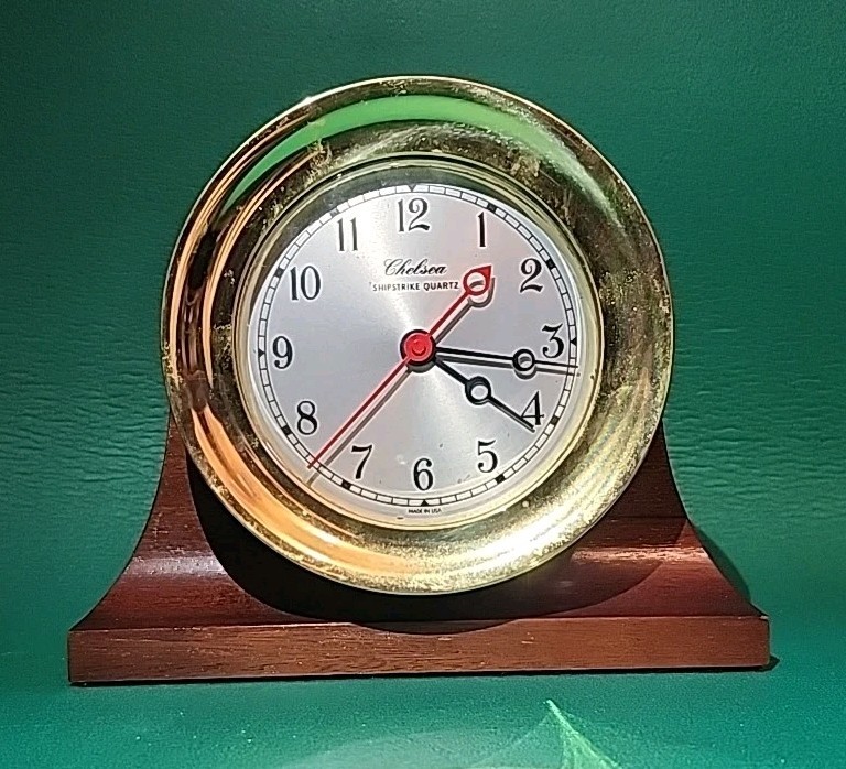 Chelsea Shipstrike Quartz Clock Brass Ships Clock-5.5" on Wood Mantle, Works