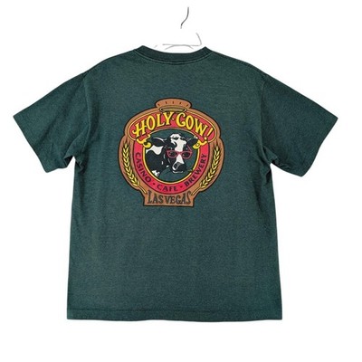L Vintage 90s Holy Cow Las Vegas T Shirt Casino Cafe Brewery Green TEE JAYS USA