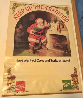 Vintage Coca-Cola & Sprite Christmas Sign Sundblom Santa ''Keep Up The Tradition''