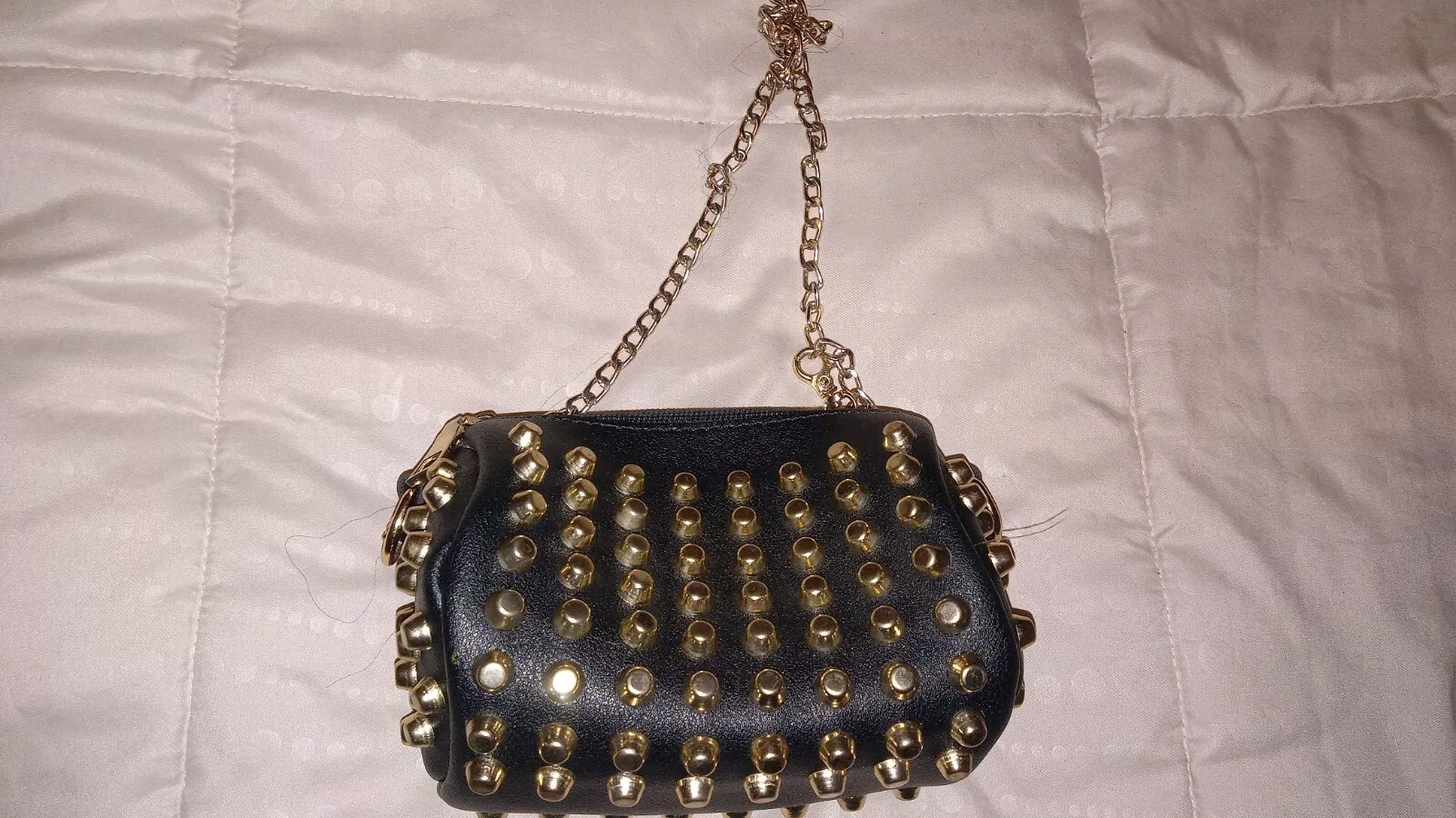 Black Round Barrel Purse with Gold Studs 5x7x4 Inch and Detachable Chain Strap