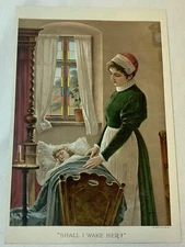 1895 lithograph ~ SHALL I WAKE HER? woman looking down at her child