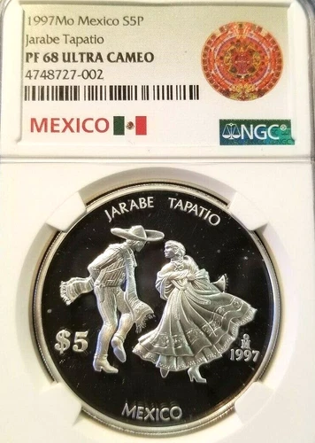 1997 MEXICO SILVER 5 PESOS JARABE TAPATIO NGC PF 68 ULTRA CAMEO VERY SCARCE COIN
