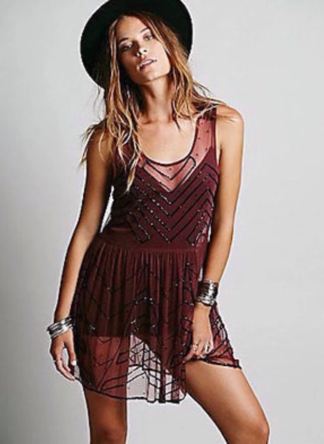 Free People Sheer Mesh Beaded Mini Embellished Slip Dress Size Large Plum