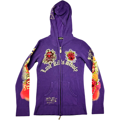Ed Hardy Jacket Women's Medium Purple Vintage Zip Up Sweater Love