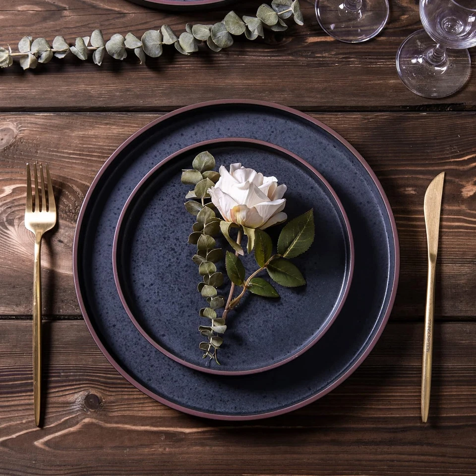 Juegos de vajilla de cerámica para 6, juego de platos y cuencos de gres de borde alto, astilla y Foto 3 de 4