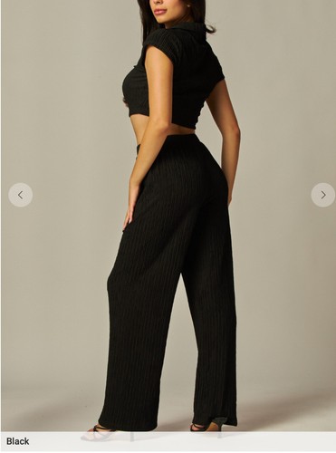 Love Poem IRIS 9S Crinkle Plisse Zip Up Crop Top & Wide Pants Loungewear Set - Picture 11 of 12