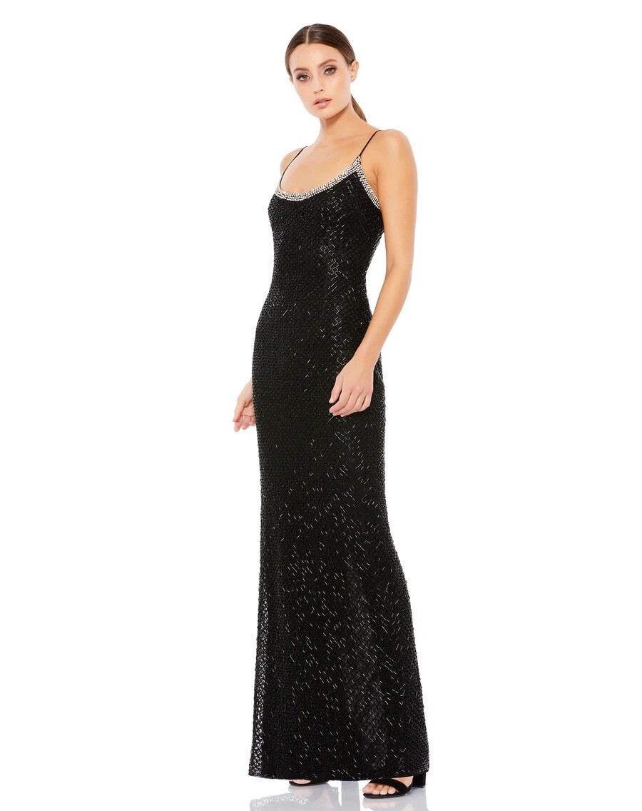 MAC DUGGAL 93551 Beaded Scoop Neck SPAGHETTI STRAP COLUMN DRESS Gown Black Sz 16