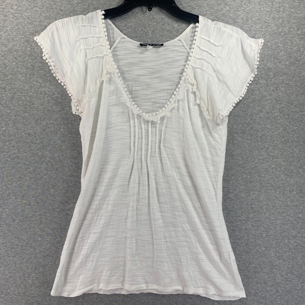 Cable Gauge Womens Top Large White Heather Pleated Lace Short Sleeve Knit Fringe