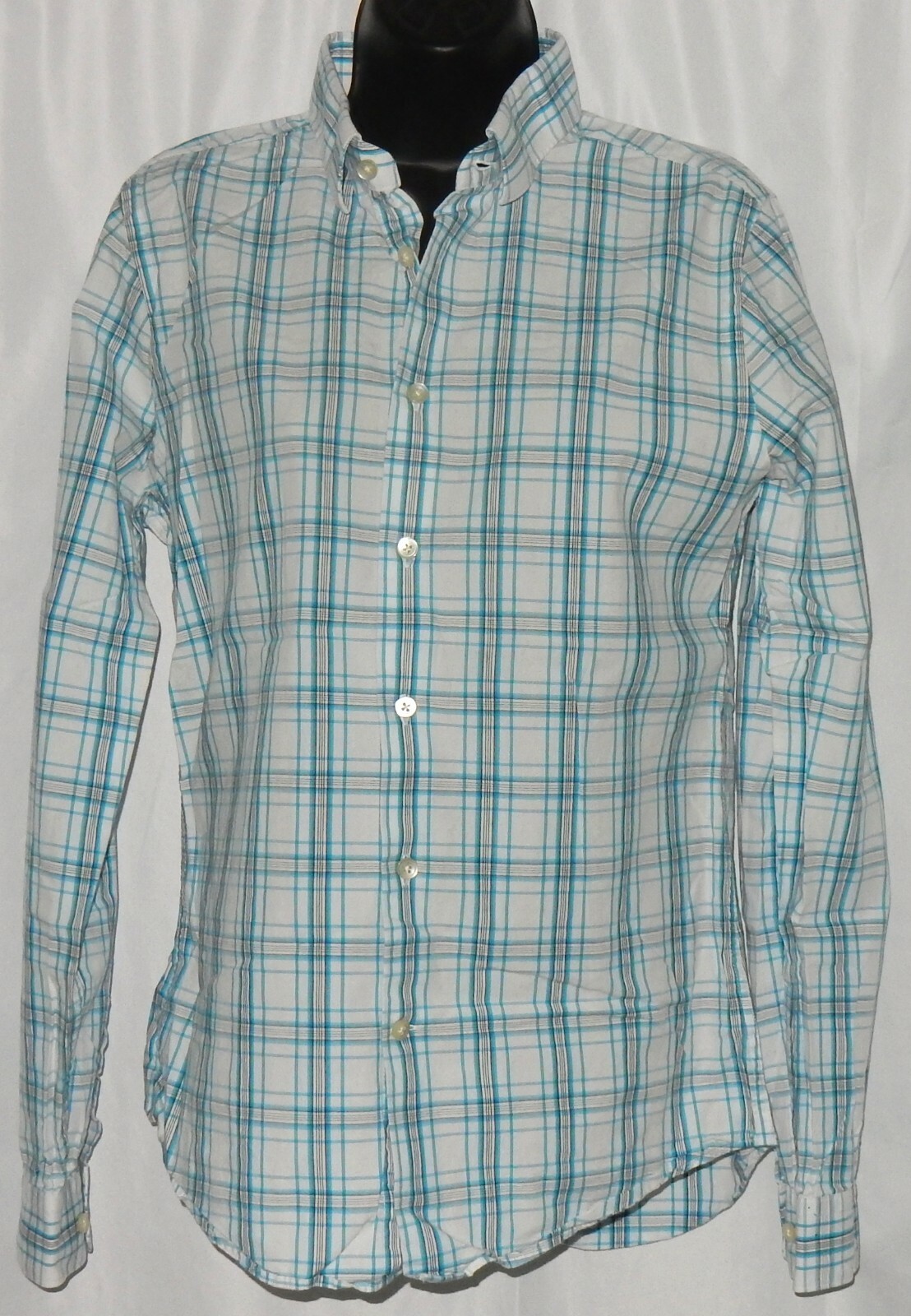 Express Men's Fitted Dress Shirt Sz S Blue & Black Plaid Long Sleeve 14