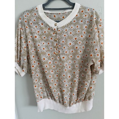 VintageWomensDaisyFloral PrintShortSleeveBlouse RibbedTrimGold Button Tan White