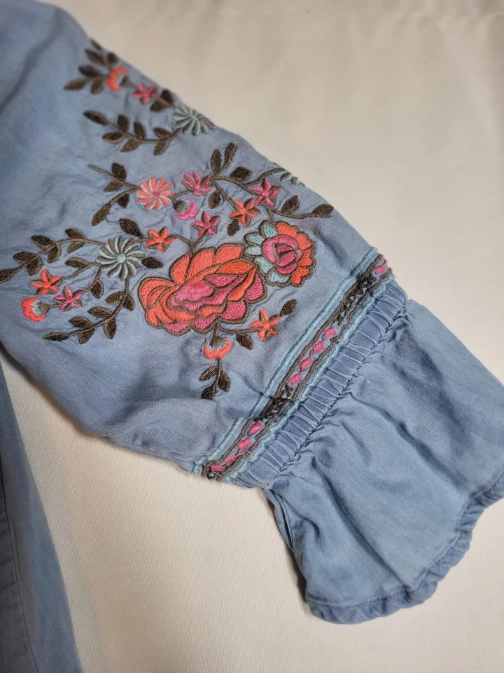 Mini Vestido Bordado Boho Cambray Talla S Azul Floral Volantes Fuera del Hombro ANA Foto 3 de 4