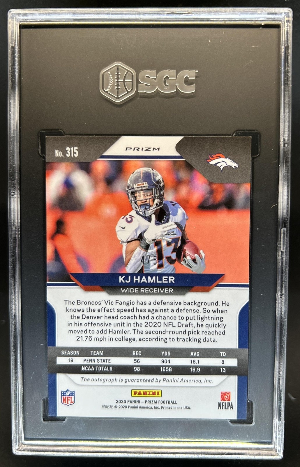 2020 Panini Prizm KJ Hamler Auto RC Gold Vinyl #/5 Broncos SGC 9 Rookie view 2