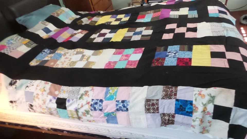 Vtg Patchwork quilt topper VIBRANT colors machine stitched MULTI COLORS 70x70 - Image 2 of 4