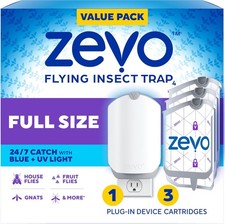 Zevo Flying Insect Trap w/ 3 Refills Plug In UV Light Fly Gnat Catcher