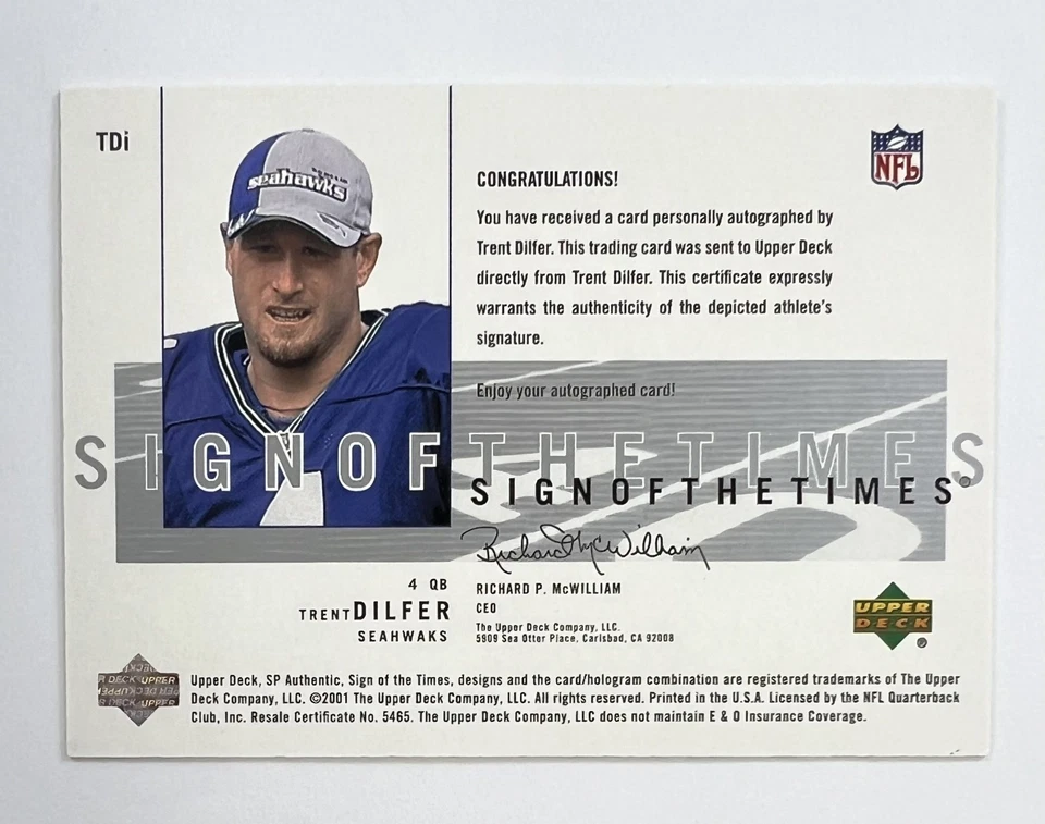2001 Upper Deck Trent Dilfer Sign of the Times Auto AR136 - Image 2 of 2