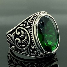 925 Men Handmade Engraved Green Zircon Stone Ring