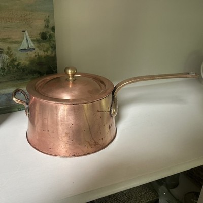 Vintage Copper Sauce Pan Pot with Lid Brass Handle Cookware